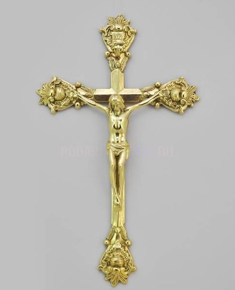 Crocifisso in ottone lucido da parete barocco Gesù Cristo