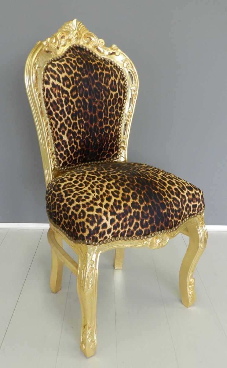 Poltrona Sedia leopardata in legno foglia oro e tessuto tigrato