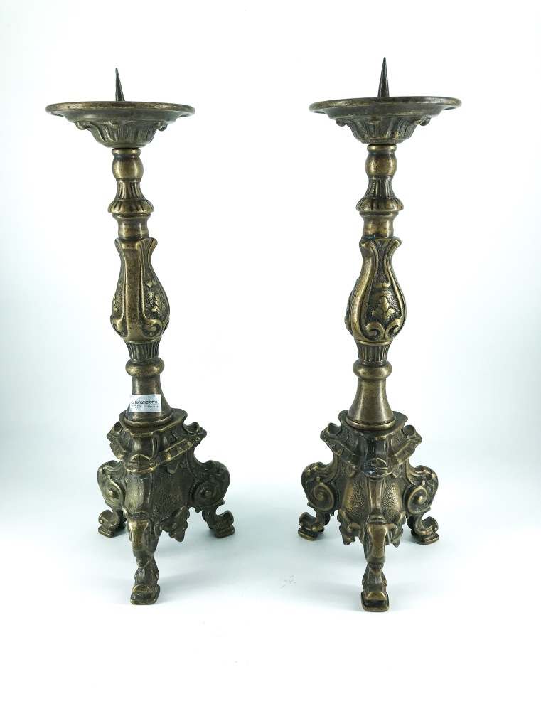 Coppia Candelabri in ottone brunito stile barocco per CHIESA altezza 40 cm