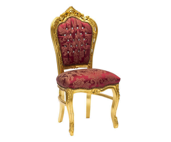 Sedia in legno foglia oro Tessuto Damascato rosso con inserti in Pietra sullo schienale