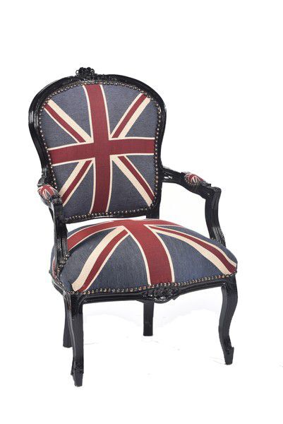 Poltrona sedia in legno nero lucido con tessuto Canvas Bandiera Inglese Union Jack