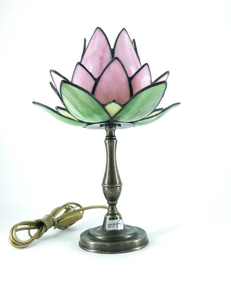 Lampada da tavolo in ottone con vetro a tulipano rosa tiffany