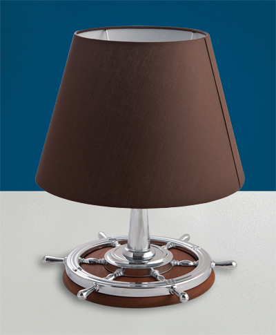 Lampada da tavolo in ottone cromato con base in teak a timone