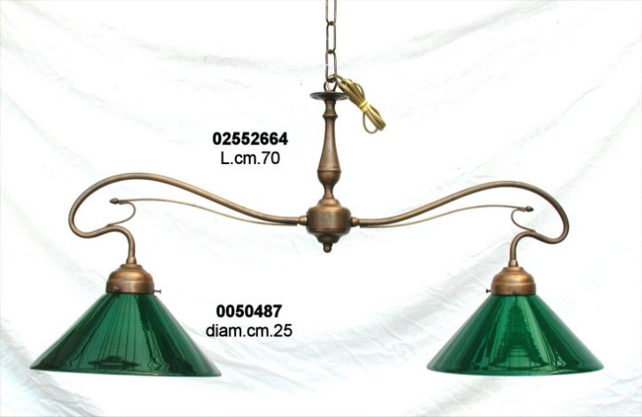 Lampadario ottone a due luci con coni in vetro verde