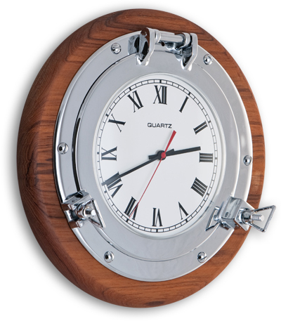 Oblò in ottone cromato con orologio su base in TEAK diametro 32 cm