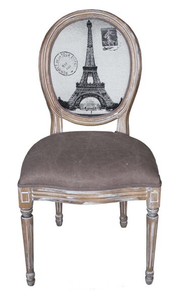 Sedia in legno decapato Beige con schienale OVALE  tessuto marrone Tour Eiffel