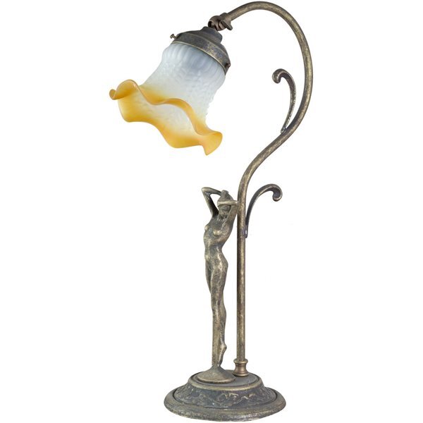 Lampada da tavolo abat-jour in ottone con donna e vetro