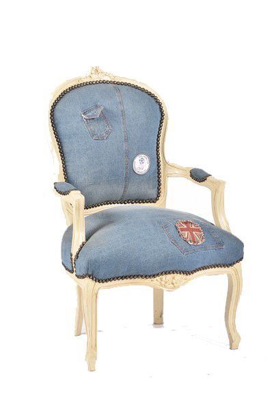Poltrona sedia barocco Luigi XVI in legno laccato bianco e tessuto JEANS