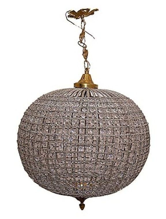 Grande Lampadario a sfera in ottone con inserti pietre trasparenti
