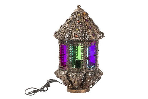 Lampada lanterna da tavolo in ferro con vetri colorati stile Orientale