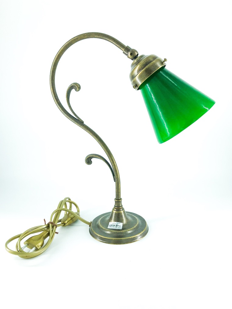 Lampada da tavolo doppio riccio ottone con vetro verde