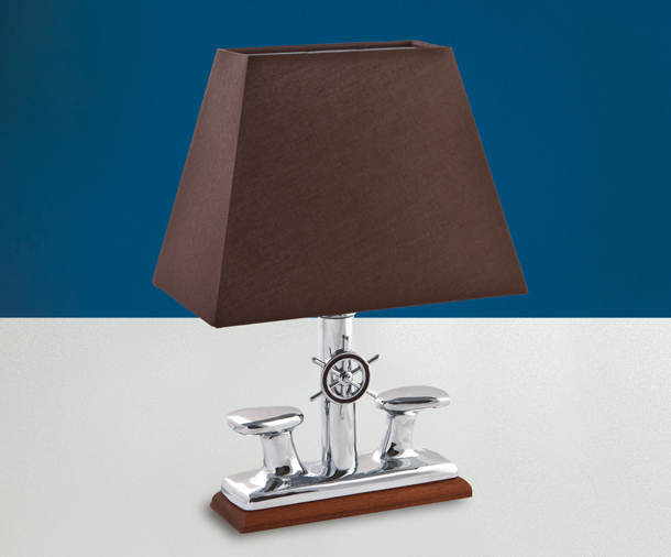 Lampada da tavolo in ottone cromato su legno di teak con paralume marrone altezza 33 cm