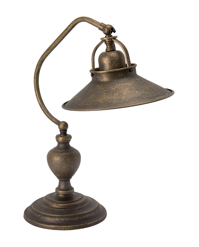 Lampada da tavolo in ottone brunito massiccio con parabola campana