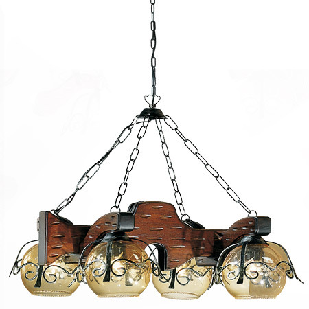 Lampadario a 4 luci in ferro con catena e legno decorativo