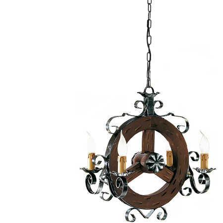 Lampadario modello ruota in legno e ferro battuto a 4 luci con catena