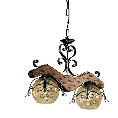 Lampadario rustico a due luci in ferro battuto con legno per Taverna
