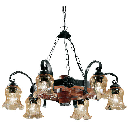 Lampadario Rustico a 6 luci in ferro battuto con vetri e legno