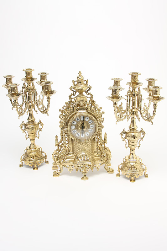 Trittico In ottone lucido 3 pezzi Orologio e Candelabri arredo Barocco