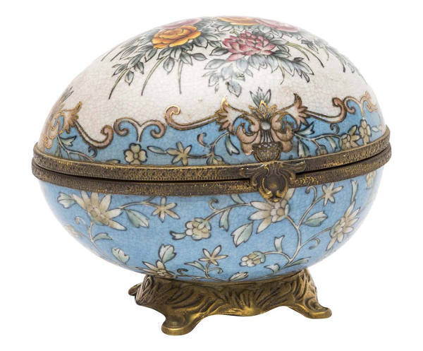Portagioie Uovo in porcellana ed ottone Soprammobile Stile Inglese fine '800 decorato