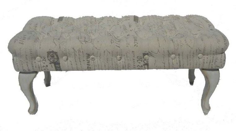 Divanetto basso in legno decapato bianco con stoffa Beige Country 100 cm con Frasi